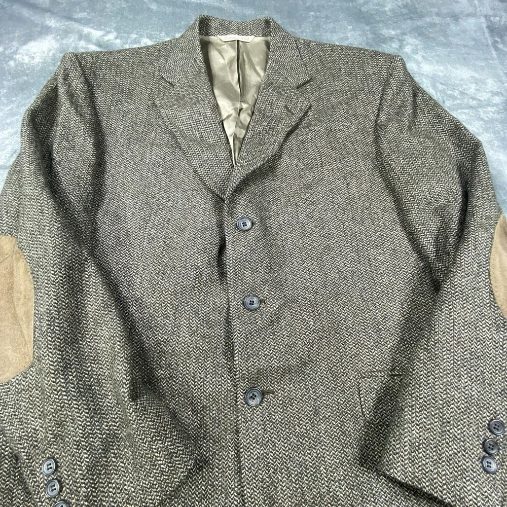 VTG Stafford Jacket Tweed Blazer Lambswool 46R Brown Herringbone Elbow Patch USA